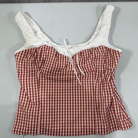 ZARA Gingham Corset Milk Maid Tank Top Rust White Ruched Tie Women’s Size XL - Picture 5 of 9